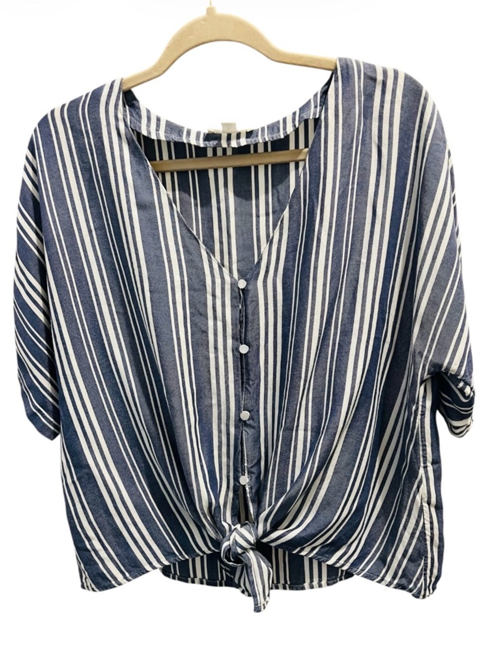 Morgan Taylor Navy and White Striped Tie-Front Button Shirt